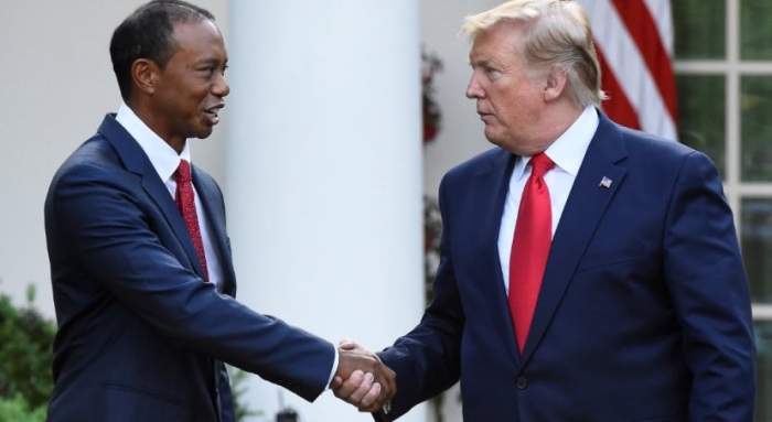 Tiger Woods shaking hands with US President Donald Trump, Photo Credit: EATANDSLEEPGOLF/X