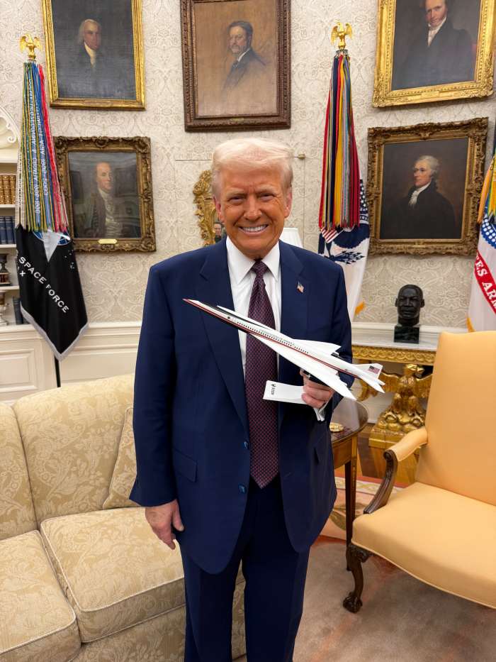 President Donald Trump holding a model of Boom Aero's Overture One, Photo Credit: Blake Scholl/X