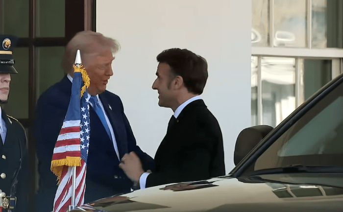 President Donald Trump welcoming French President Emmanuel Macron, Photo Credit: Inside Edition/Youtube