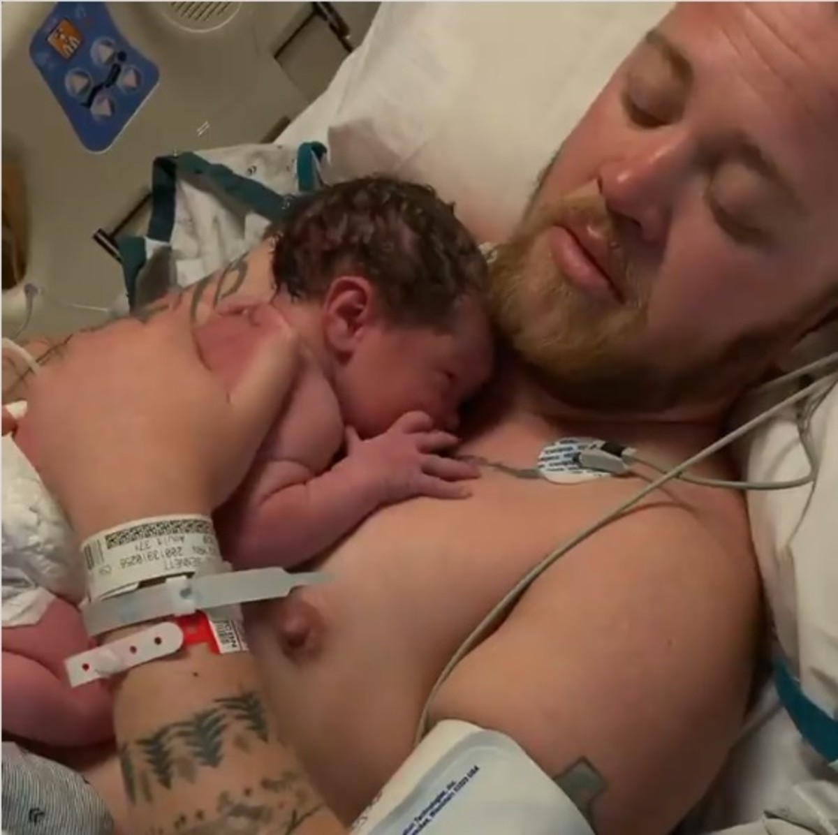 Bennett Kaspar-Williams in the hospital holding their newborn baby, Photo Credit: bennettonpurpose/Instagram