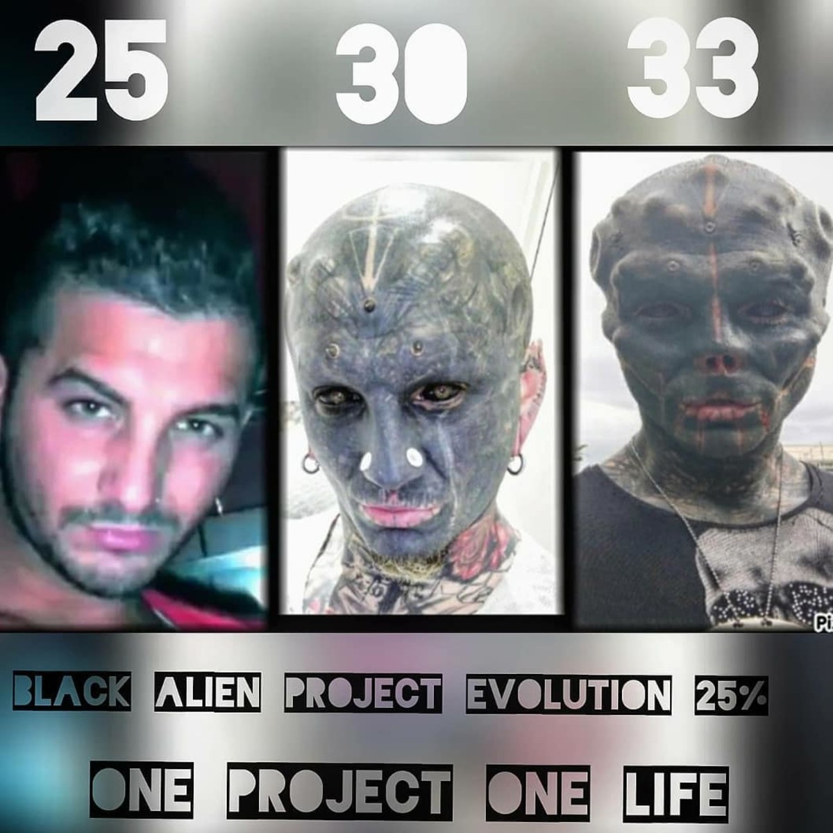 An eight-year visual progression of Anthony Loffredo's face from no modifications to tattoos and surgical enhancements, Photo Credit: the_black_alien_project/Instagram