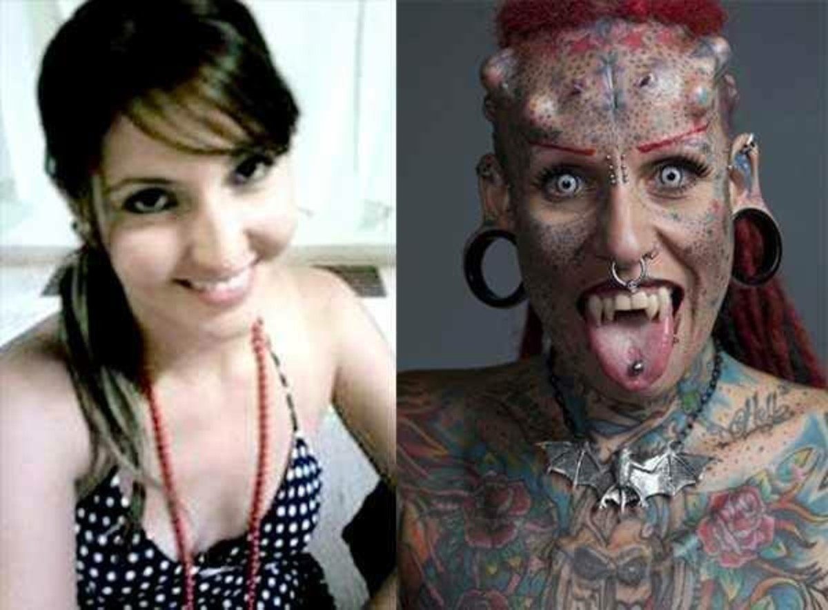 Maria José Cristerna before all her body modifications (left) versus after (right), Photo Credit: Michael Riz/X