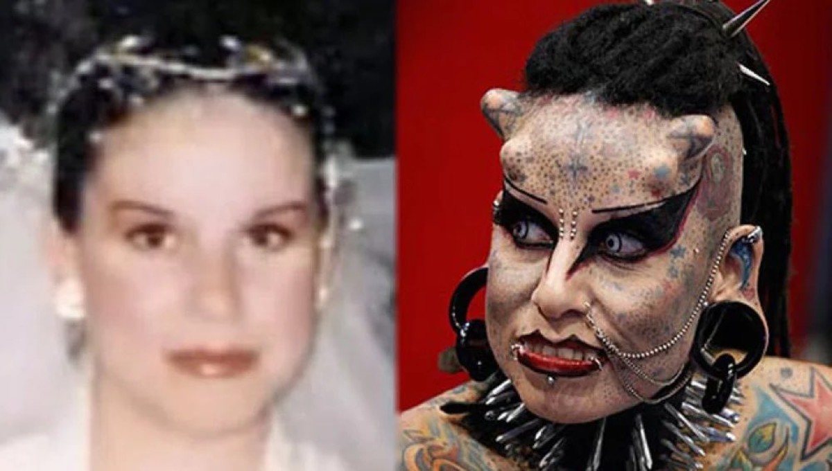 Maria José Cristerna before all her body modifications (left) versus after (right), Photo Credit: Rox De Abreu/X