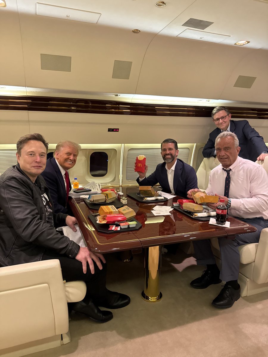 Elon Musk with US Pres. Donald Trump, Vivek Ramaswamy, Donald Trump Jr and Robert F. Kennedy Jr. eating Mcdonald's, Photo Credit: Margo Martin/X