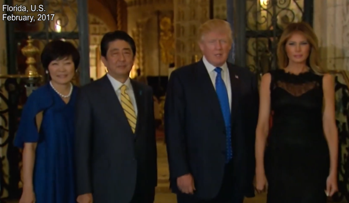 The first couple posing with Shinzo Abe and his wife from President Trump's first term, Photo Credit: Nippon TV News 24 Japan/Youtube