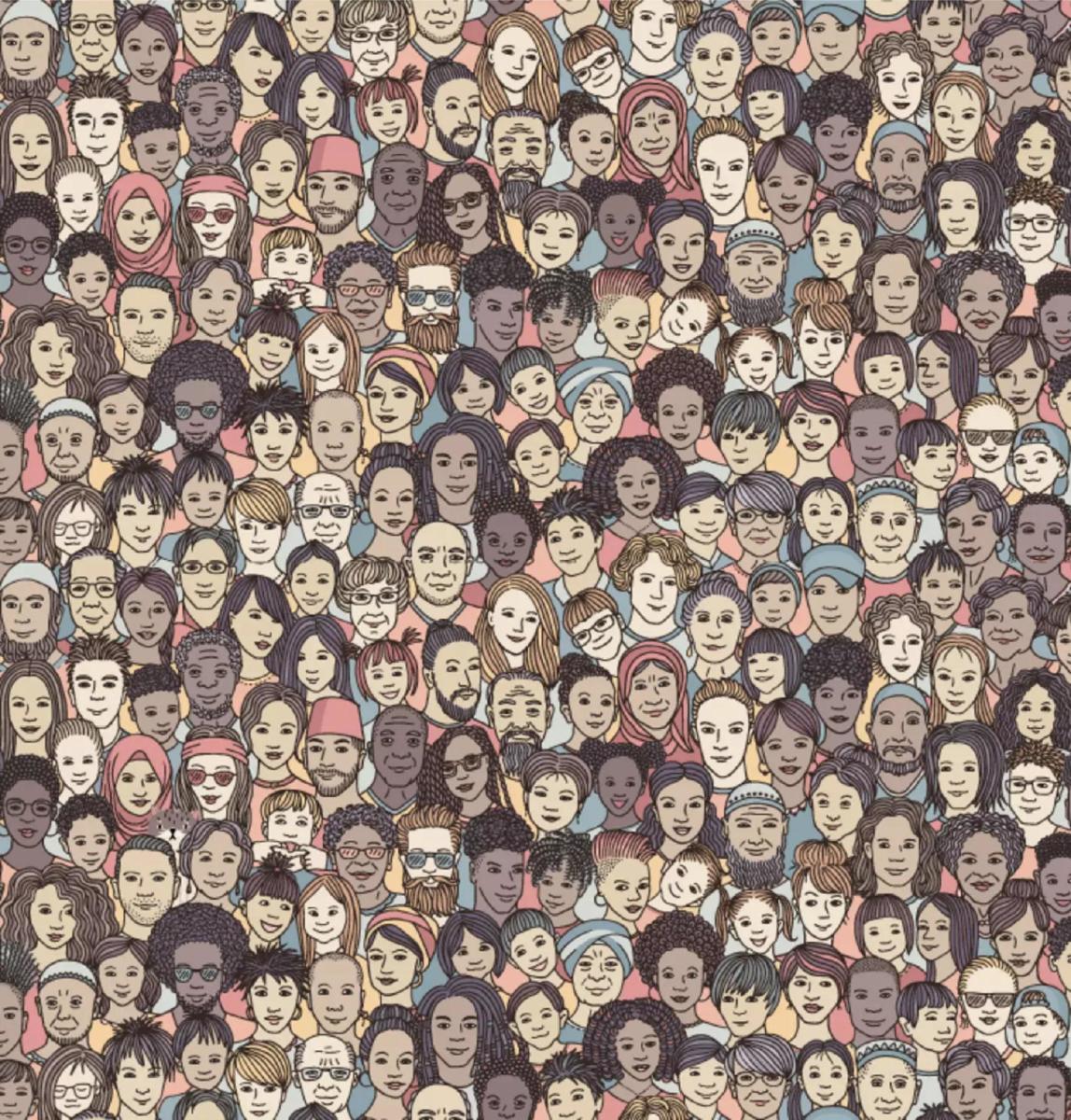 A brainteaser illustration of a crowd of people's faces with a hidden cat among them, Photo Credit: Reddit