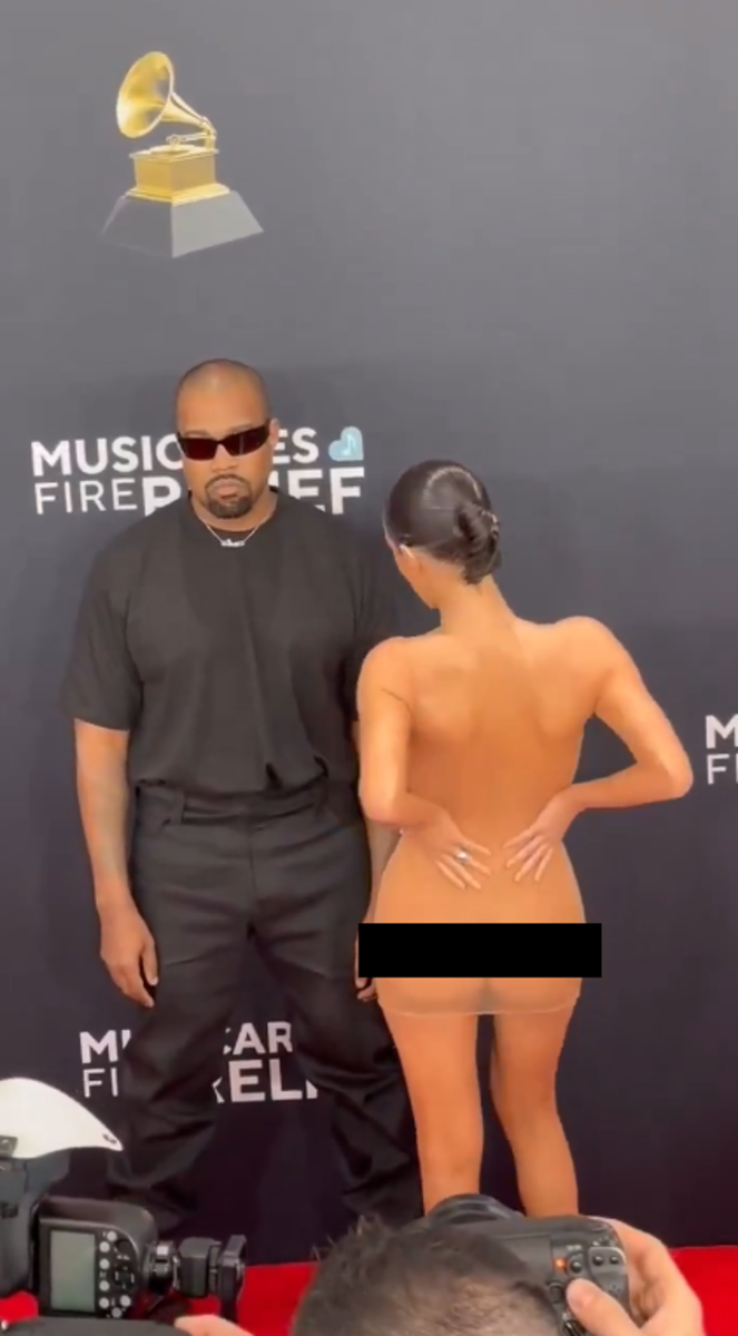 Kanye West and Bianca Censori showing her backside on the Grammys red carpet, Photo Credit: Peter Lloyd/X