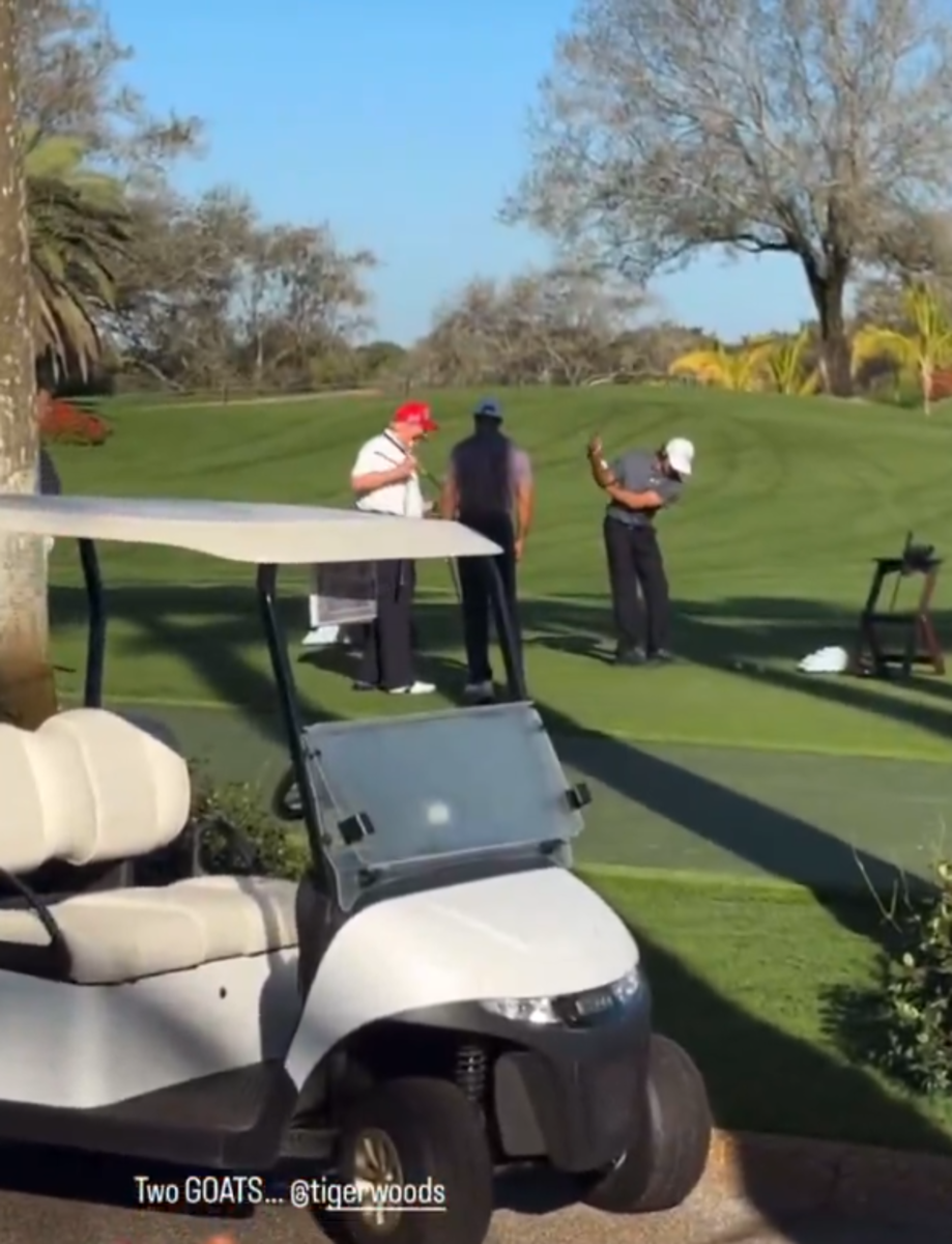 Tiger Woods and US President Donald Trump playing together on the golf course, Photo Credit: Benny Johnson/X