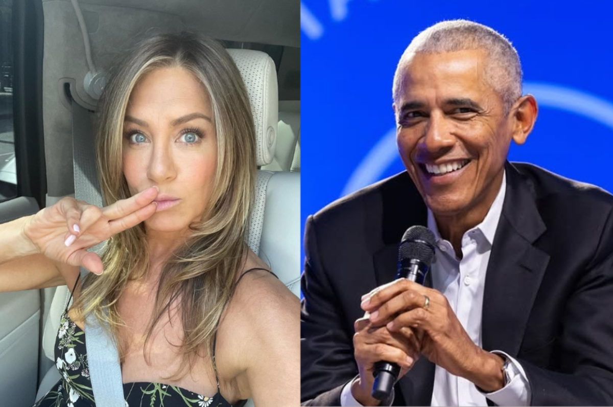 Jennifer Aniston selfie inside her car, Photo Credit: jenniferaniston/Instagram; Barack Obama at the Obama Foundation Democracy Forum, Photo Credit: barackobama/Instagram