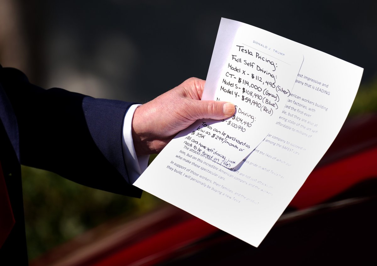 Closeup of President Trump holding his paper notes for the Tesla White House event, Photo Credit: Evan Hill/X